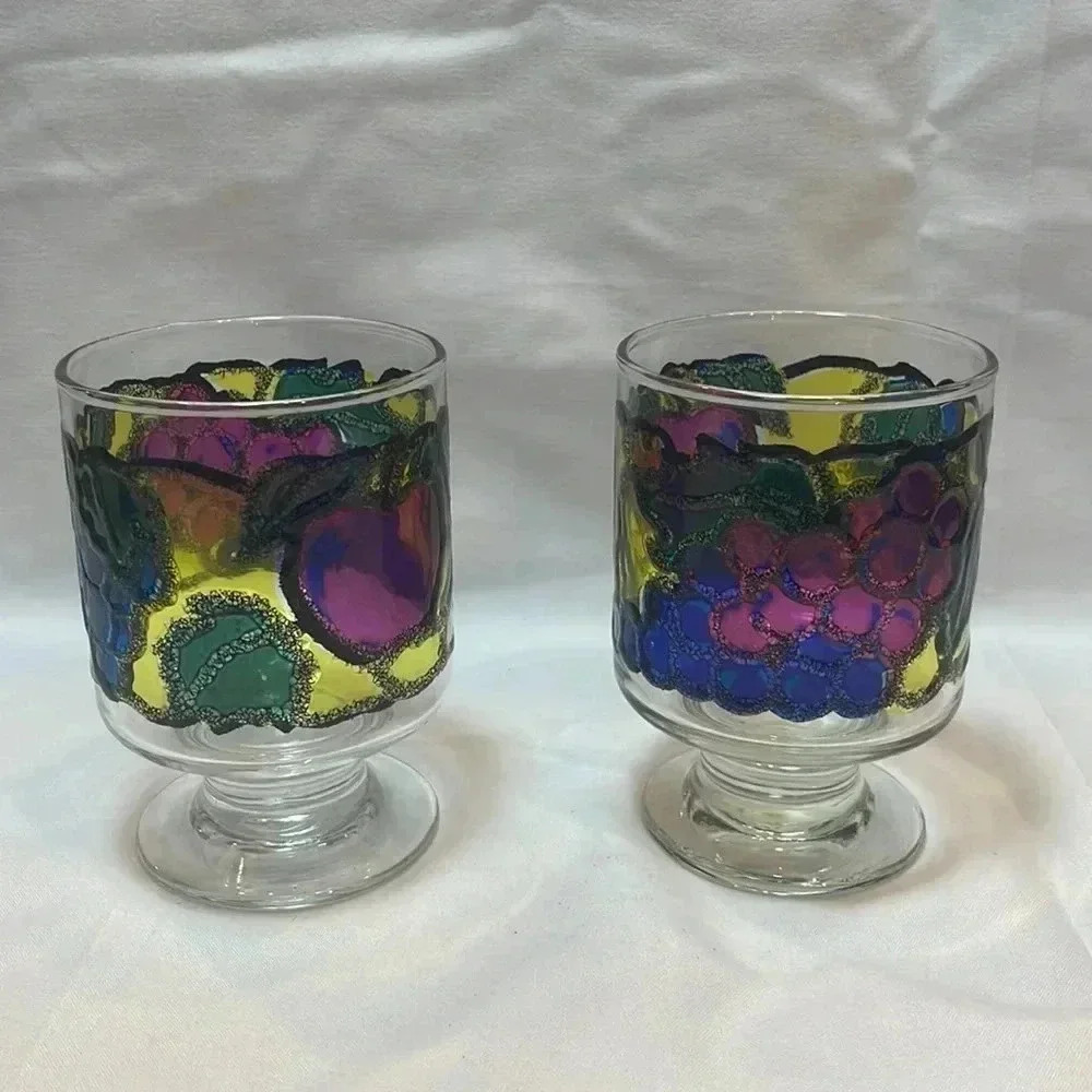 Vintage Libbey Fruit Stained Glass Juice Tumbler Set of 2